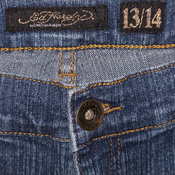 Ed Hardy Embroidered Skull Flames Tattoo Jeans EUC Size 33x32 Vintage - Picture 4 of 8